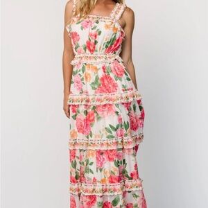 Floral Ruffled Tiered Maxi Dress - Pink/Green